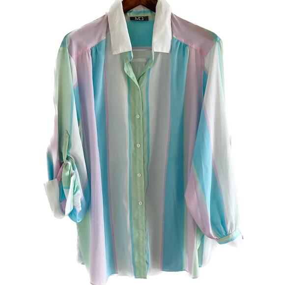 Vintage Tops - Vintage pastel sheer striped oversized button down balloon shirt size XL